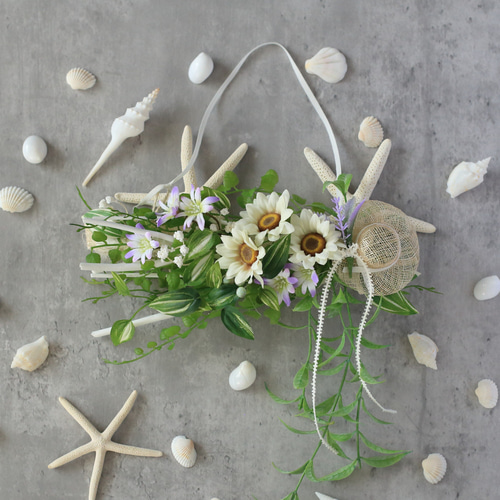 夏のお出かけ（白）～ミニ向日葵の横スワッグ～アーティフィシャル  