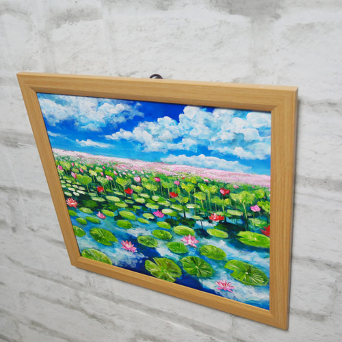 油絵 油彩 油彩画 絵 絵画 【水面映る蓮】 絵画 HR 通販 17993054