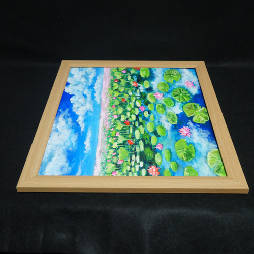 油絵 油彩 油彩画 絵 絵画 【水面映る蓮】 絵画 HR 通販 17993054