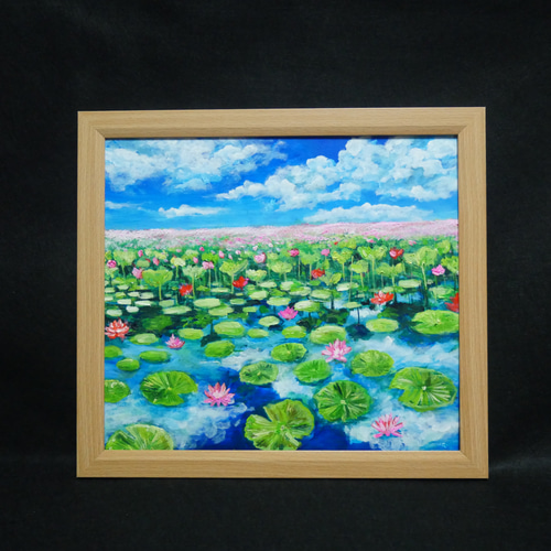 油絵 油彩 油彩画 絵 絵画 【水面映る蓮】 絵画 HR 通販 17993054