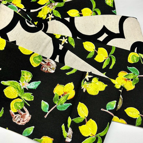 半幅帯単品】4007木綿半幅帯 レモン×なまけもの柄 ブラック 帯単品売り