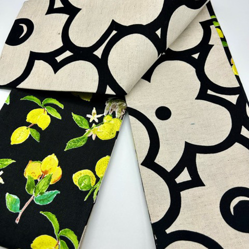 半幅帯単品】4007木綿半幅帯 レモン×なまけもの柄 ブラック 帯単品売り