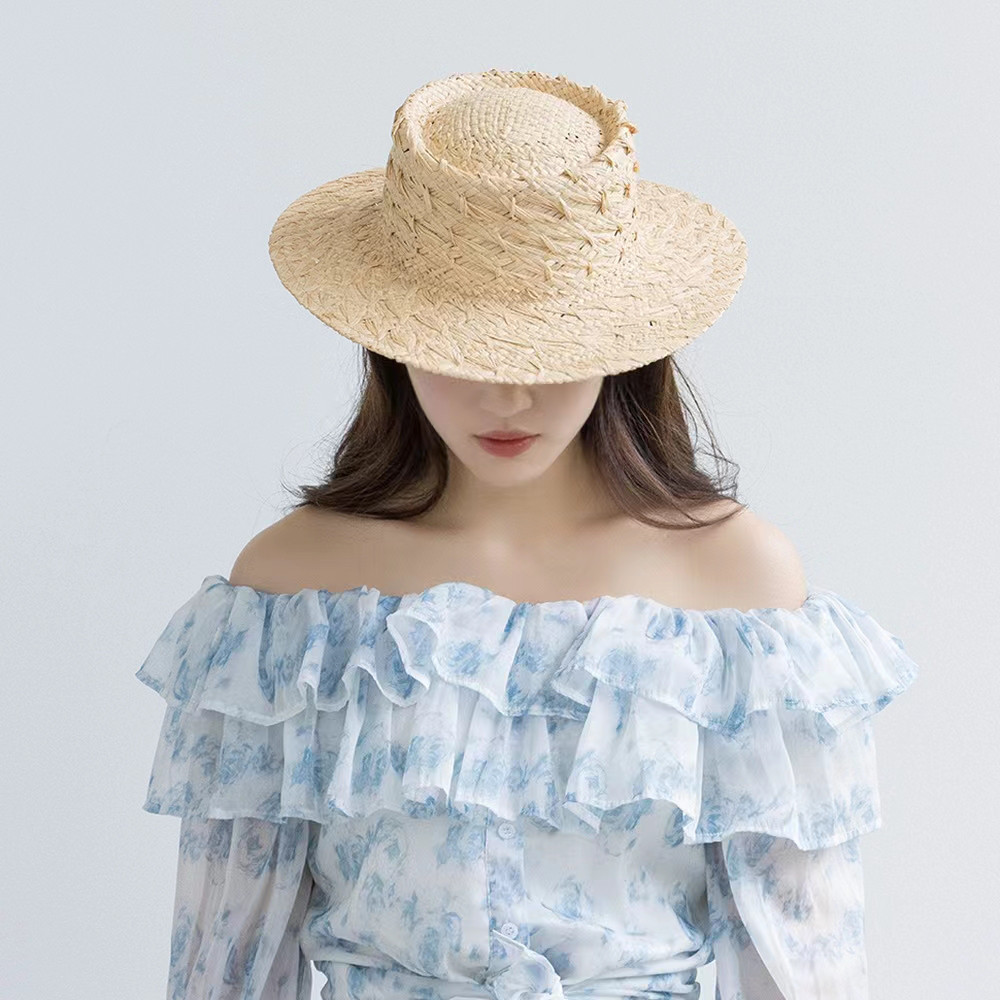 ラフィアハット、麦わら帽子 夏帽子 ヴィンテージ柄 大人 ストローハット、ミディアムブリム 日よけ・UV対策 サイズ調節