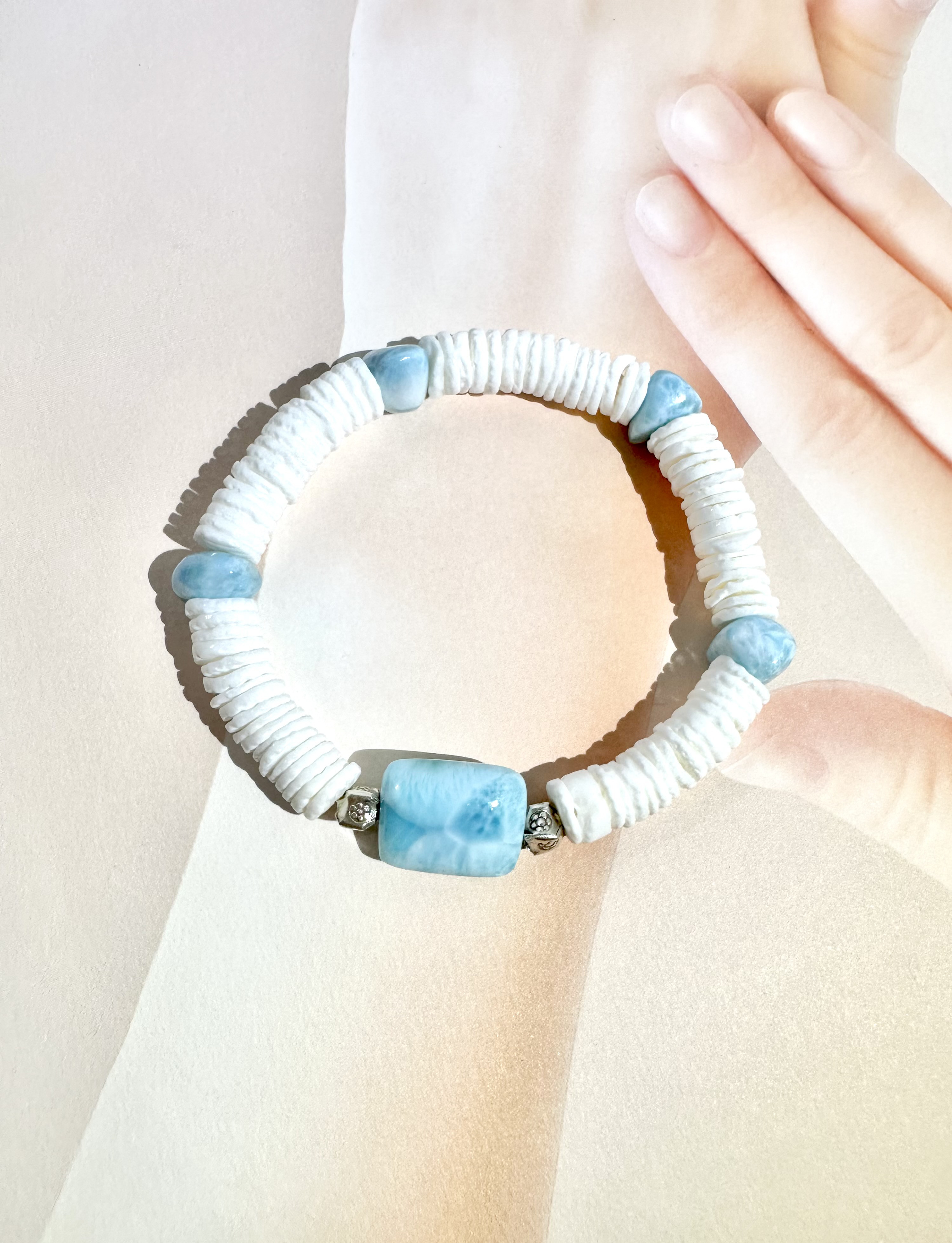 カレンシルバー　シェル　ラリマー　ブレスレット