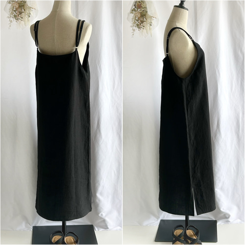 リネン100％ キャミソールワンピース シンプル 【ブラック 黒  