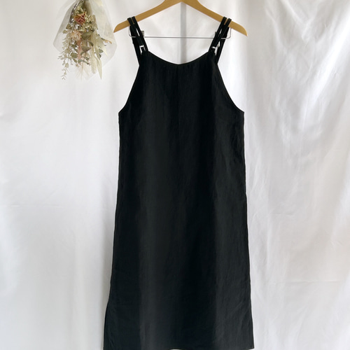 リネン100％ キャミソールワンピース シンプル 【ブラック 黒  