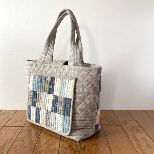 パッチワーク ハンドメイド トートバッグ カンタ刺繍パッチワークキルトのトートバッグ【Lサイズ/L