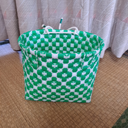 PPバンドかご(ベルト通し付き はけご 小)収穫かご、プラカゴ 模様b-緑