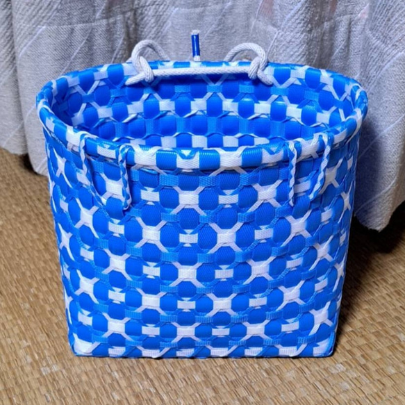 PPバンドかご(ベルト通し付き はけご 小)収穫かご、プラカゴ 模様d-青