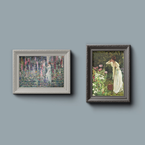 ホリーホックの庭園絵画アートポスター☆印象派女性花柄ボタニカル