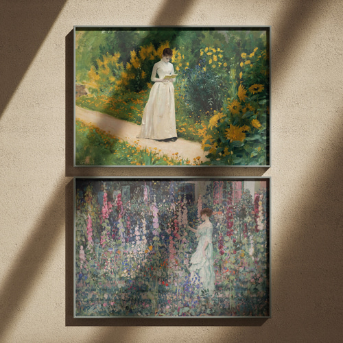 ホリーホックの庭園絵画アートポスター☆印象派女性花柄