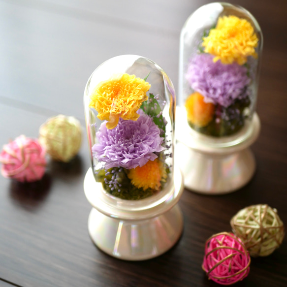 「ミニ仏花シンプル」小菊のプリザーブドフラワーのガラスドーム～パープル＜受注制作＞ 7枚目の画像