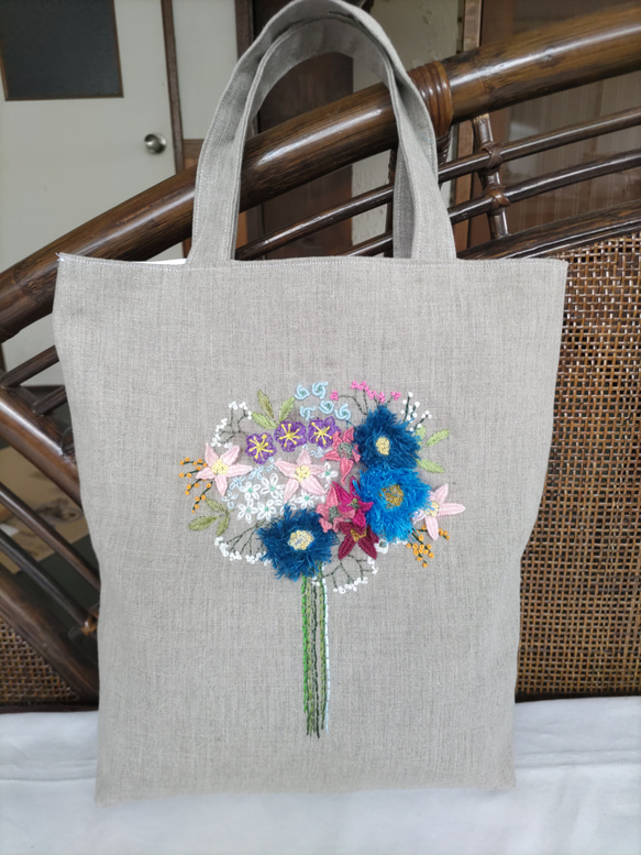 ハンドメイド　刺繍　トートバッグ　リネン 手刺繍トートバッグ リネントートバッグ トートバッグ ワイルド