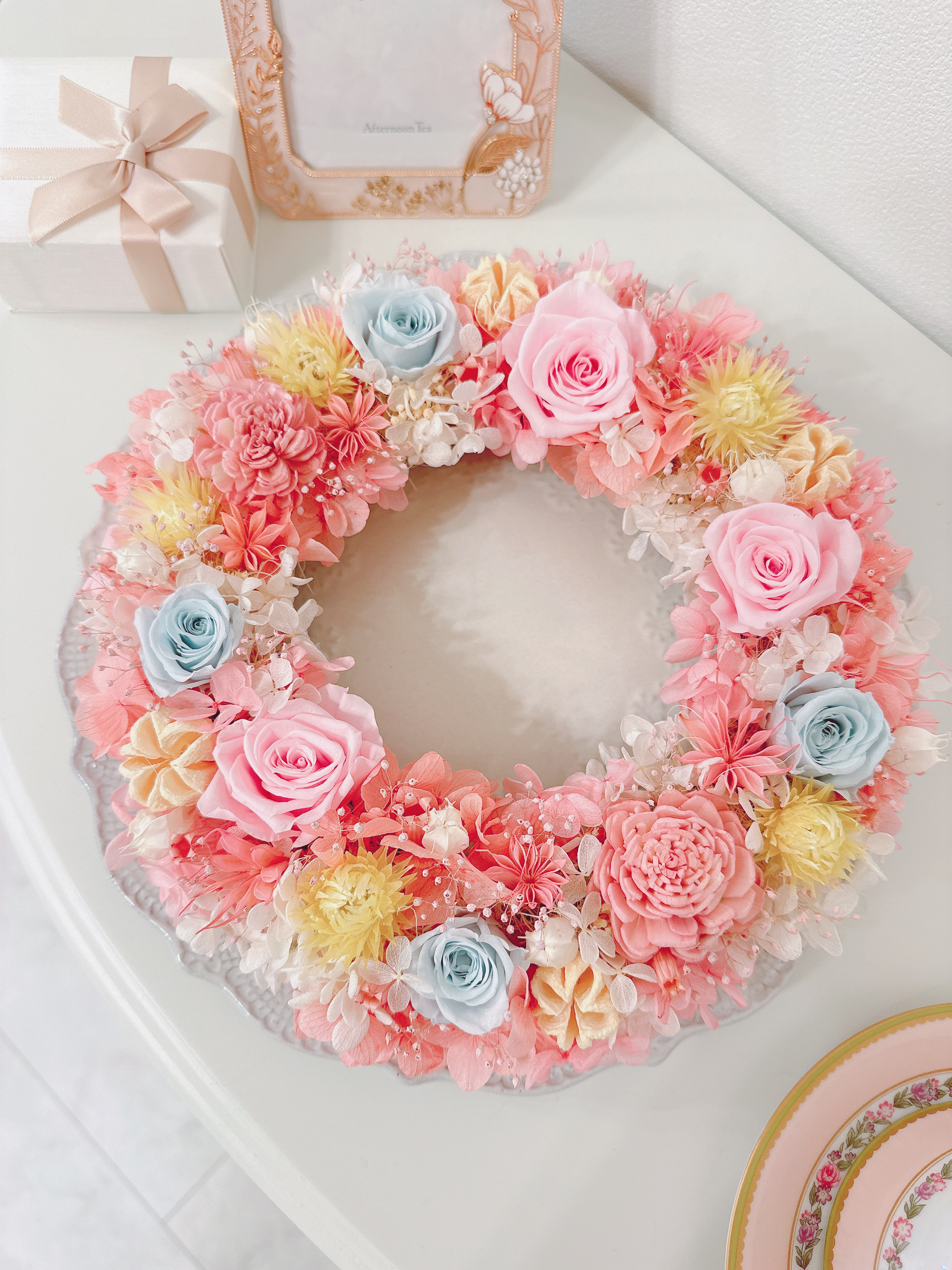 【オーダー作品】パステル ピンク リース 春色 大人可愛い ウエディング バレンタイン 母の日 ギフト 祝 プリザーブド