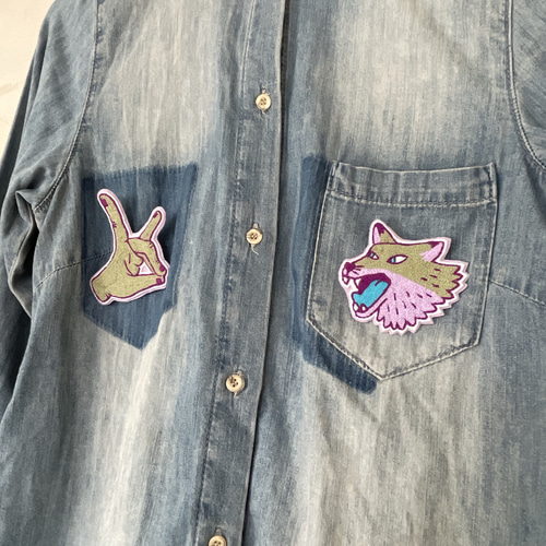 スカジャン刺繍風 指狐xきつねセット 手刺繍チェーンステッチワッペン