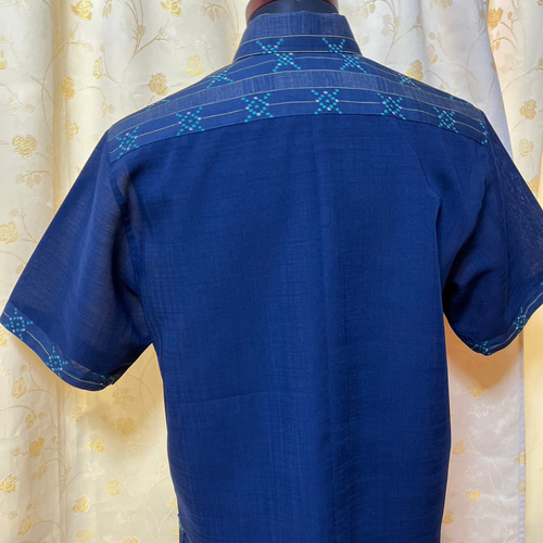 かりゆしウェア メンズ 紺 L（沖縄、琉球、紅型柄、アロハ）No.131