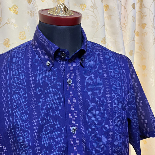 **star**men's MINSAH かりゆしウェアＬサイズ　ミンサー かりゆしウェア メンズ ミンサー柄パープル L（沖縄、琉球、紅型