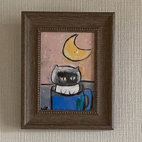 絵画。原画【コーヒーカップの熊ちゃんは喜んでコーヒーを飲み