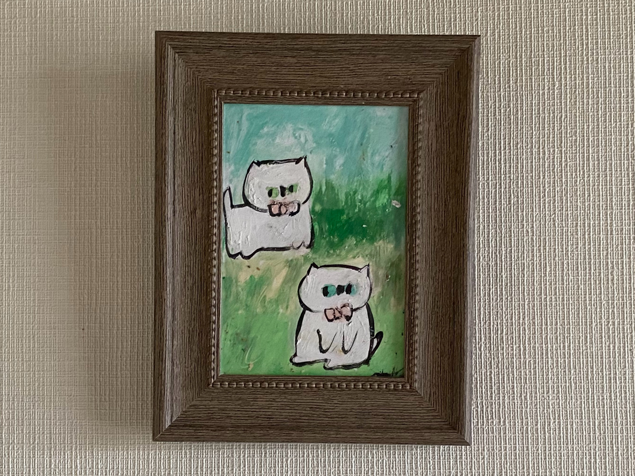 絵画。原画【月の白い猫に美しいバラを三本植えました