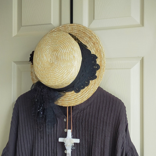 アンのカンカン帽・たっぷりレースとお花で・ブラック1♡（麦わら帽子