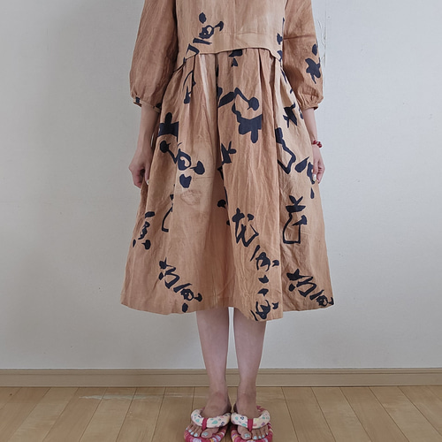 着物リメイク 手作り 柿渋染め ワンピース ジャケット hanahukujun  