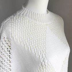 優雅な白の手編み半袖ニット　超長綿100%使用 7枚目の画像