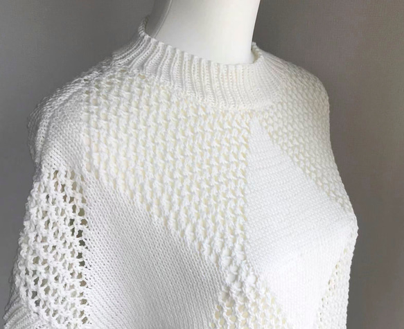 優雅な白の手編み半袖ニット　超長綿100%使用 7枚目の画像