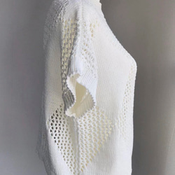 優雅な白の手編み半袖ニット　超長綿100%使用 6枚目の画像