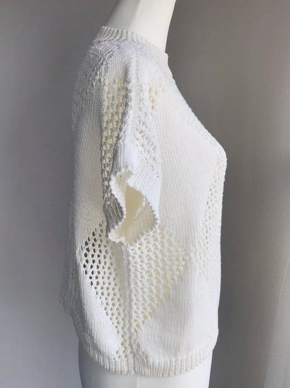 優雅な白の手編み半袖ニット　超長綿100%使用 6枚目の画像