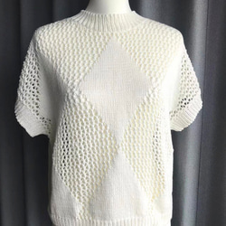 優雅な白の手編み半袖ニット　超長綿100%使用 3枚目の画像