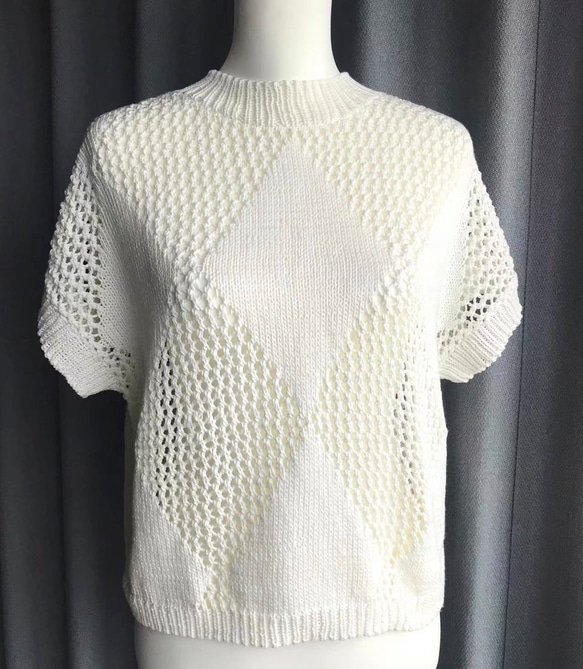 優雅な白の手編み半袖ニット　超長綿100%使用 3枚目の画像