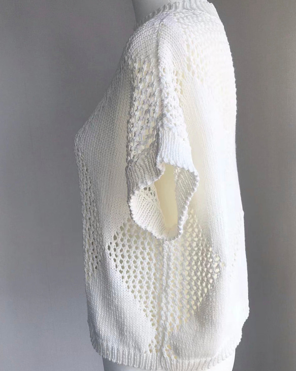 優雅な白の手編み半袖ニット　超長綿100%使用 5枚目の画像