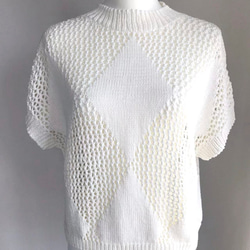 優雅な白の手編み半袖ニット　超長綿100%使用 8枚目の画像