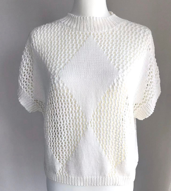 優雅な白の手編み半袖ニット　超長綿100%使用 8枚目の画像