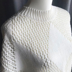 優雅な白の手編み半袖ニット　超長綿100%使用 2枚目の画像