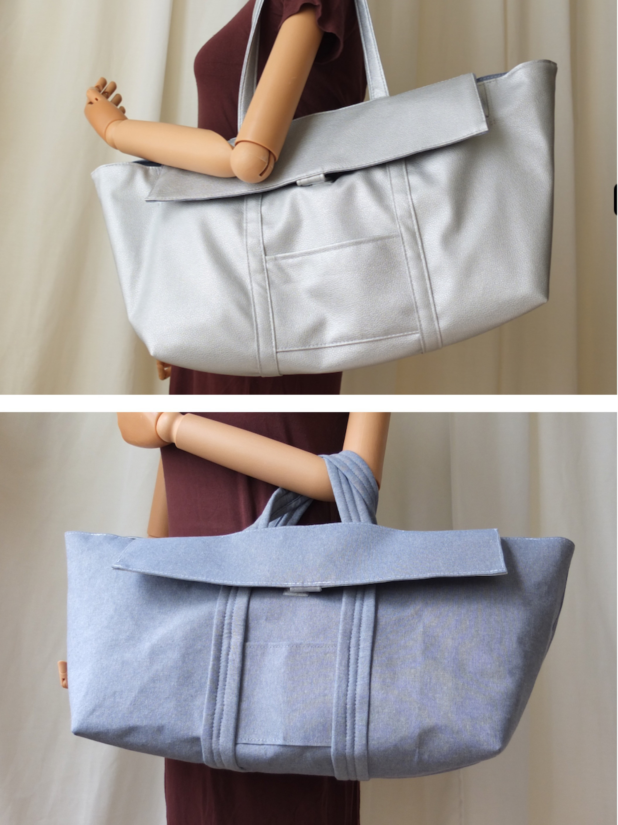 【送料無料】★ リバーシブル ★　ピクニックトートバッグ　シルバーレザー&デニム