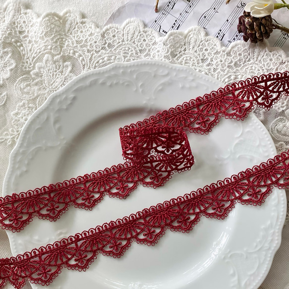 1m 綺麗 花 フラワー ケミカルレース ブレード ワインレッドKL240734