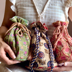 ブロックプリント キルティング 巾着ポーチ ポーチ 『次回発送2月下旬