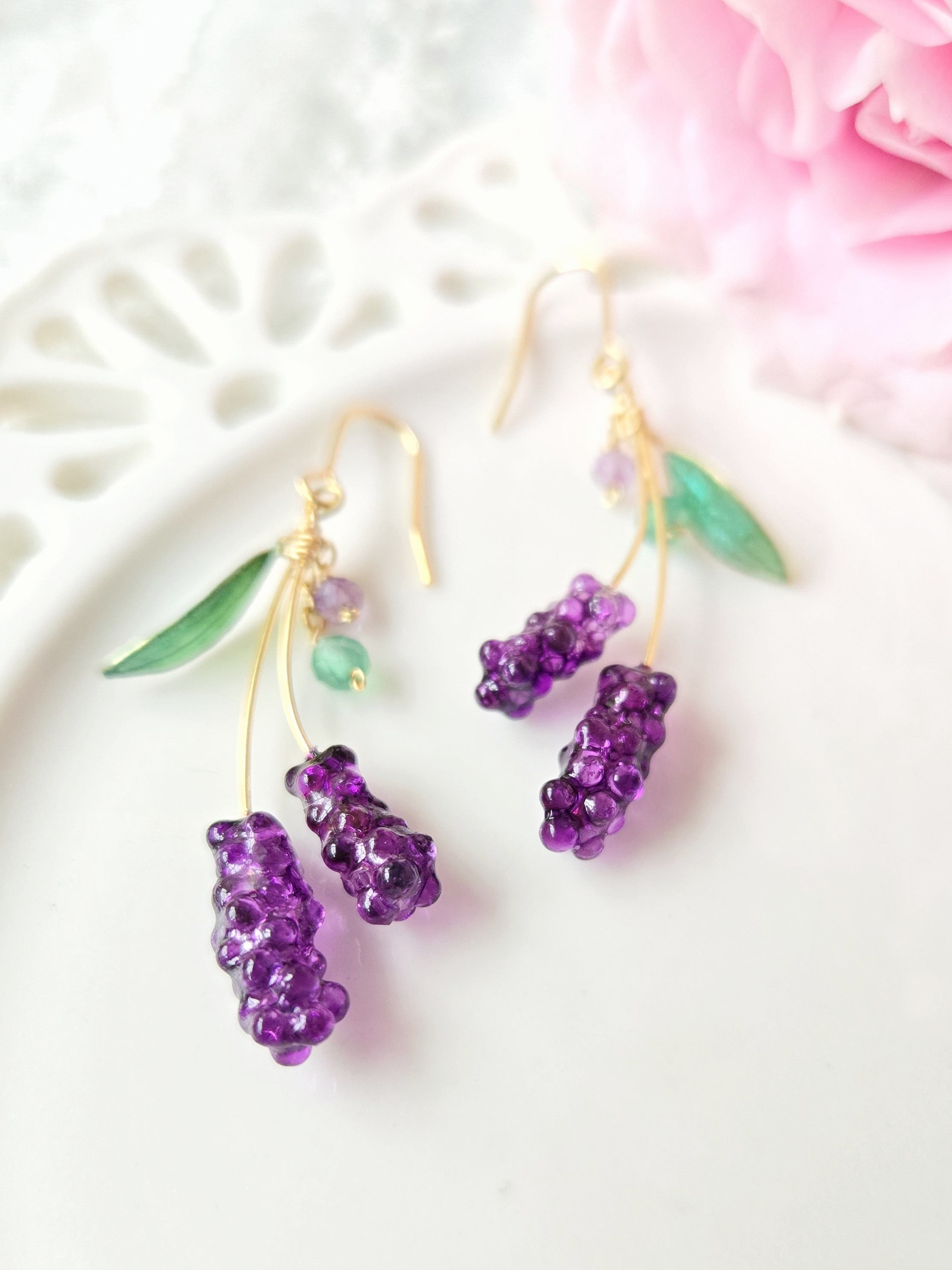 ピアス/イヤリング ラベンダー ピンクアメジスト グリーンオニキ 天然石 アレルギー対応 フェミニン  ディップアート