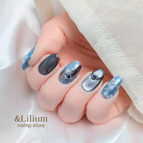 オーダー専】 浴衣 花柄 ネイルチップ 水色 淡色 青 ブルー 蝶々 和 夏