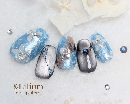 【オーダー専】 浴衣 花柄 ネイルチップ 水色 淡色 青 ブルー 蝶々 和 夏 d9d1935f822109176090456a331e7c