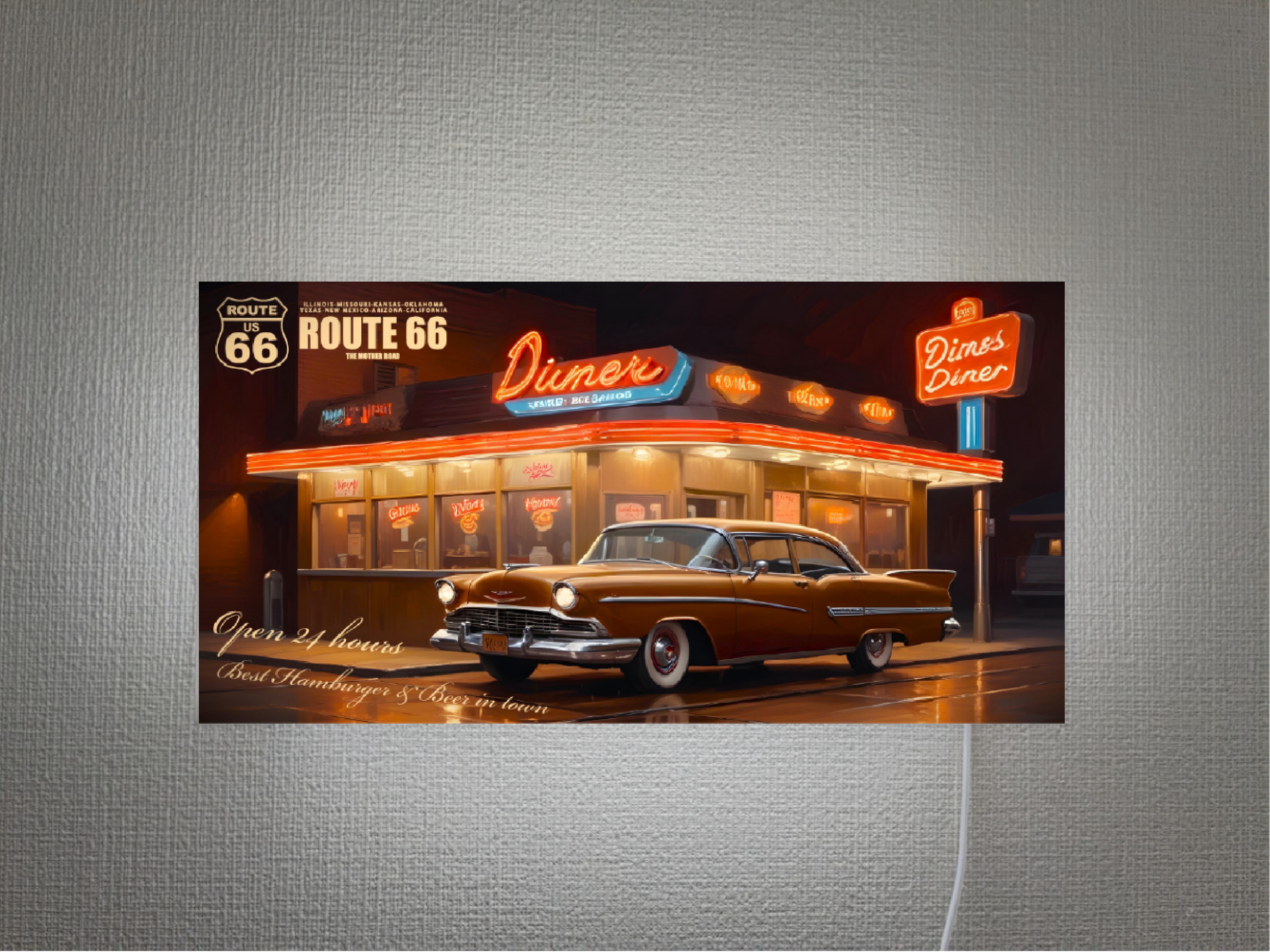 【Lサイズ】ダイナー アメ車 ルート66 ガレージ 店舗 自宅 壁掛け 照明 看板 置物 アメリカン雑貨 ライトBOX
