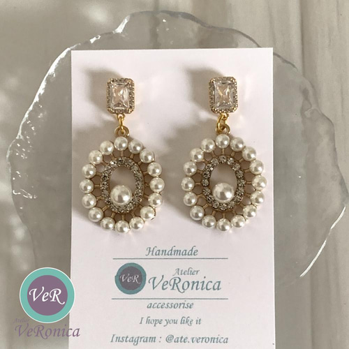 14Kジルコニアとパールいっぱいのピアス ハンドメイド きらきら 