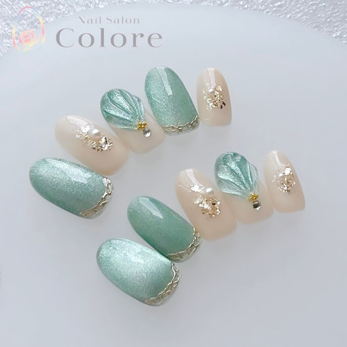 ブルーグリーンのマーメイドネイル ネイルチップ（つけ爪） nail