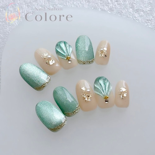 ブルーグリーンのマーメイドネイル ネイルチップ（つけ爪） nail