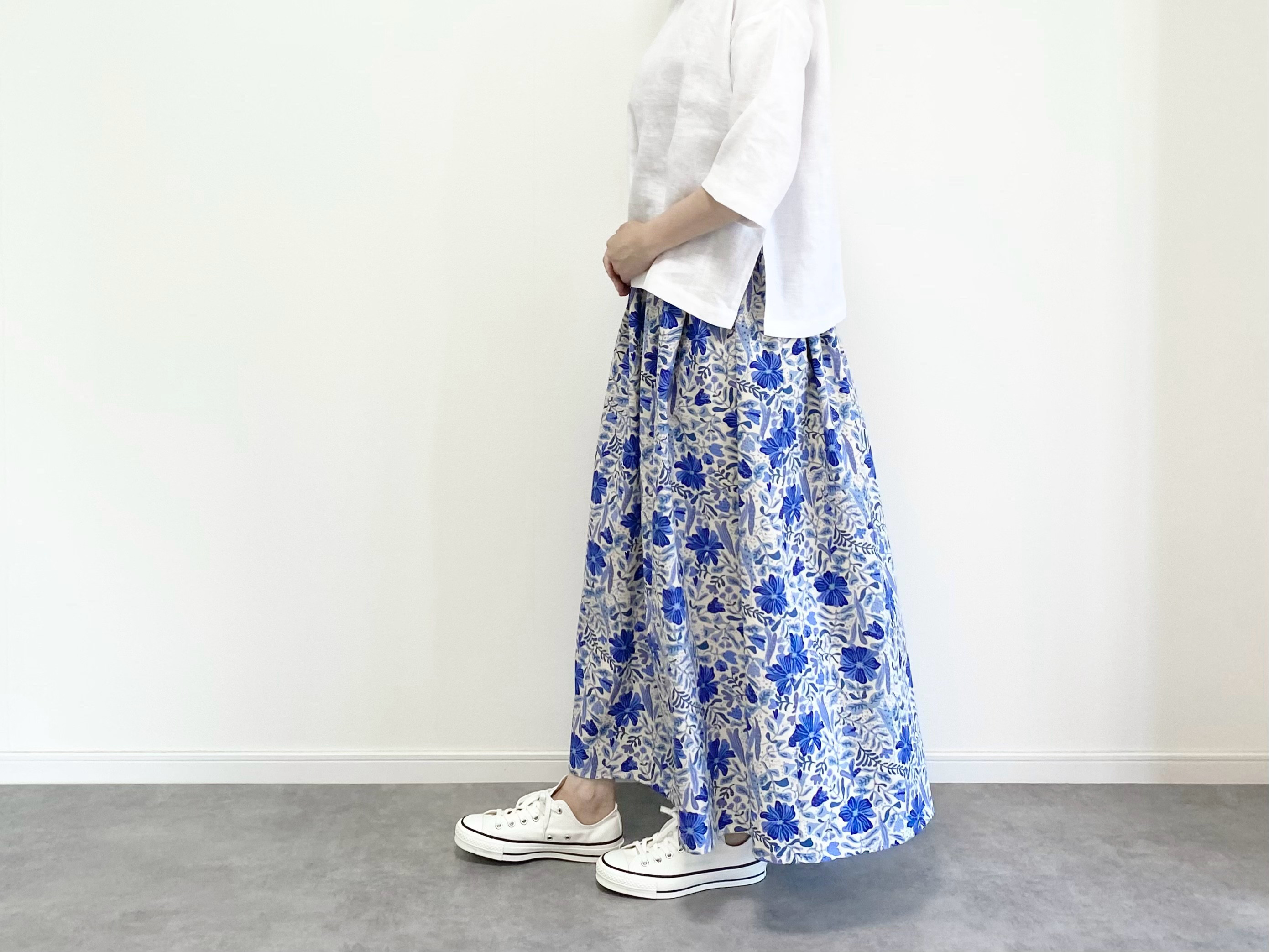 ボタニカルガーデン　綿麻ギャザースカート   涼しげブルー