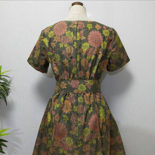 着物リメイク ワンピース 花柄 Aライン フレア 2WAY Vネック パネル