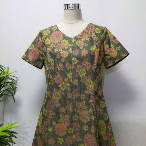 着物リメイク ワンピース 花柄 Aライン フレア 2WAY Vネック