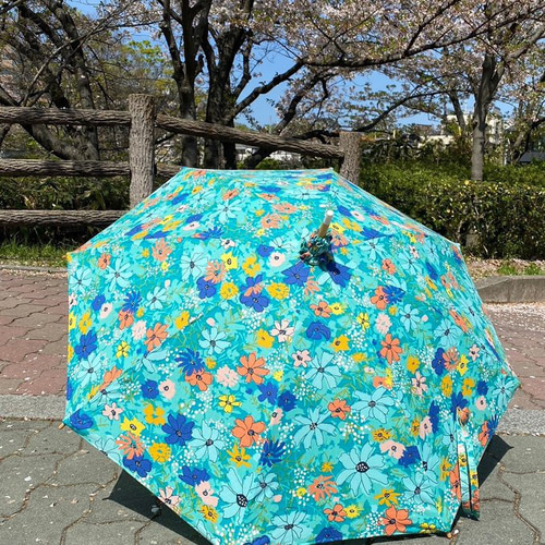 グリーンと花柄の日傘 UVカット グリーン×花柄の手作り日傘 49cm 8本骨 UV加工 傘・日傘