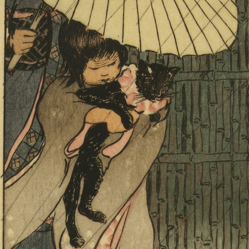 猫を抱っこする女の子インテリアポスター☆着物江戸時代夏和室